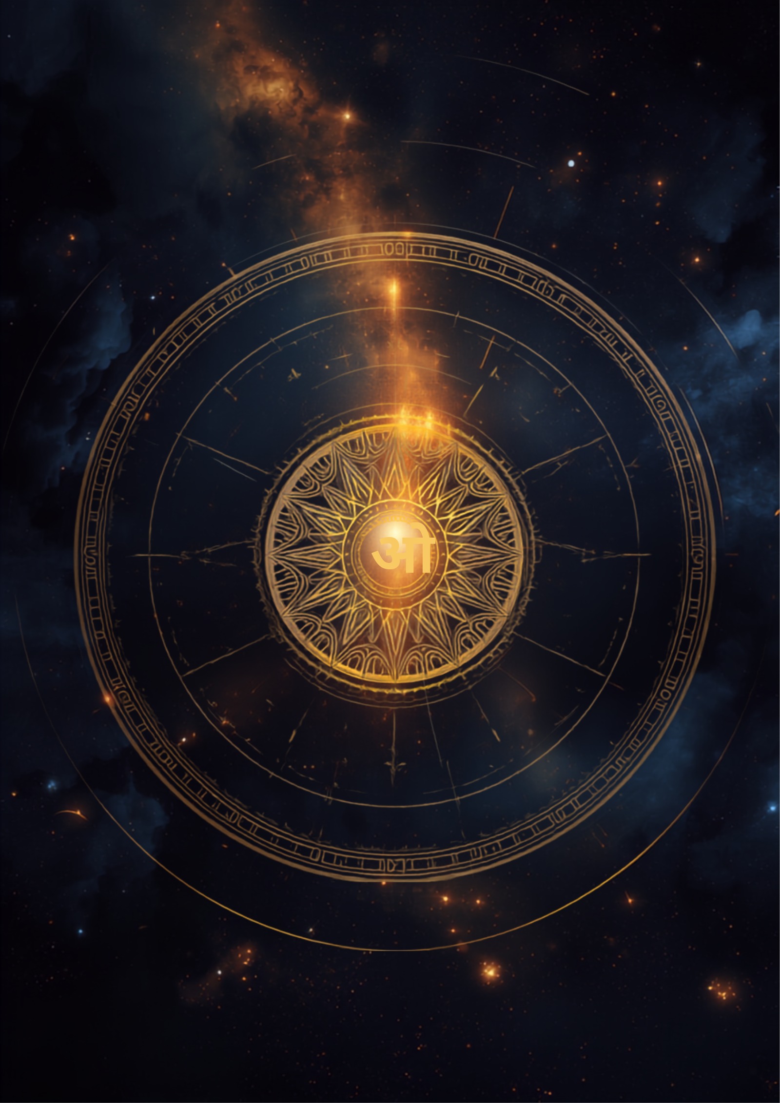 Golden Om mandala and Vedic celestial chart artwork